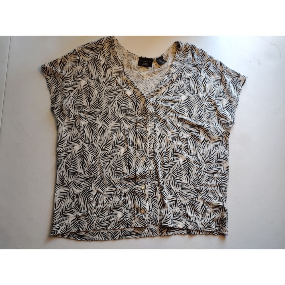 Tahari Womens Tropical Leaf Print Linen Blend Button Front Blouse Top Size L